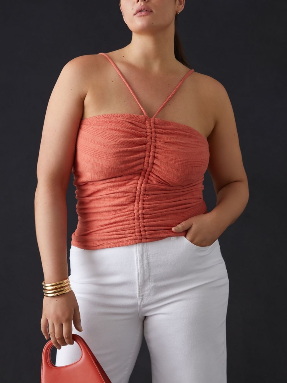 PILCRO by Anthropologie Ruched Ribbed Halter Top in Coral